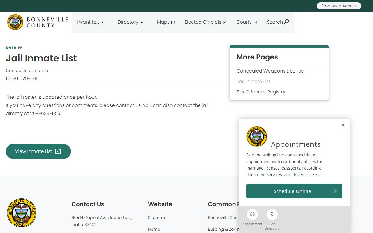 Bonneville County inmate records page linking to the sheriff jail roster