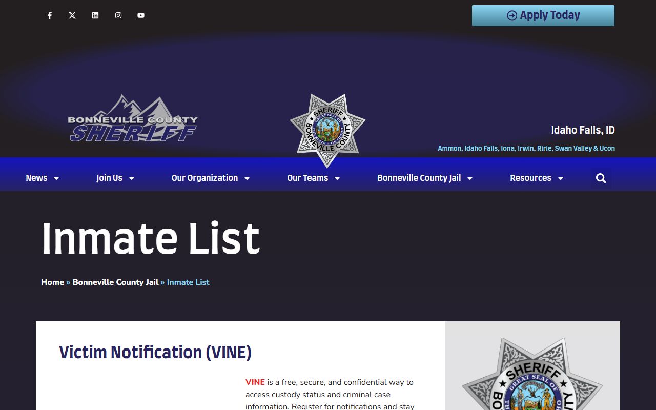 Bonneville County jail roster with inmate images and search fields