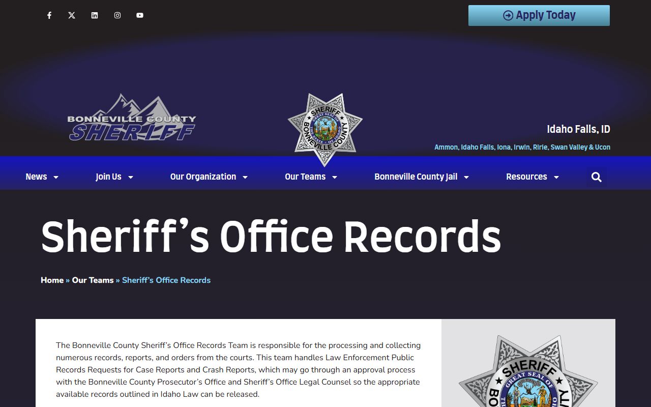 Bonneville County Sheriff's records request page for inmate and jail records