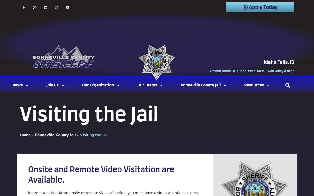Bonneville County jail visitation rules for inmate video visits